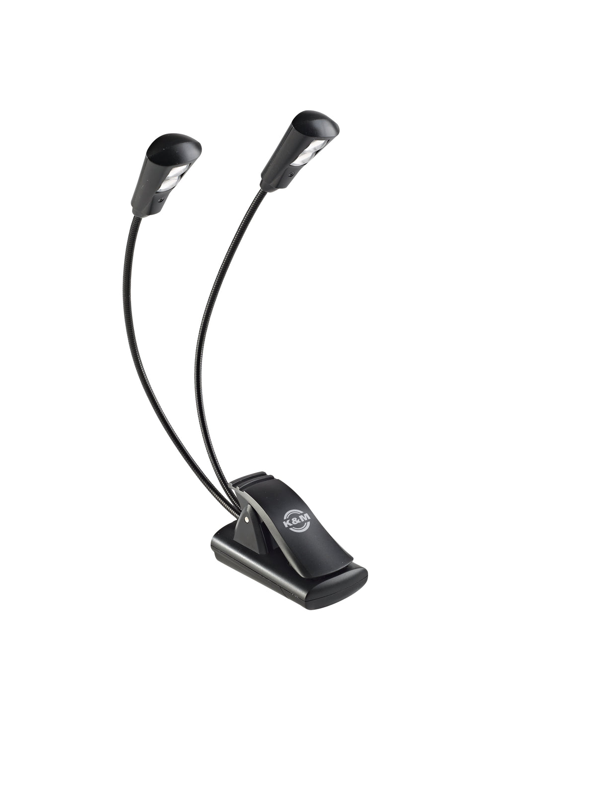 K&M 12244 Double2 LED FlexLight with two gooseneck LED heads on a black clip base