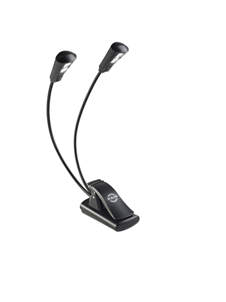 K&M 12244 Double2 LED FlexLight with two gooseneck LED heads on a black clip base