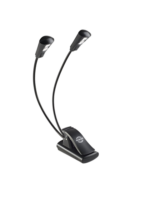 K&M 12244 Double2 LED FlexLight with two gooseneck LED heads on a black clip base