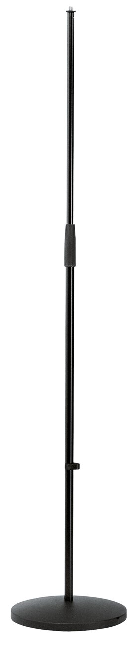 K&M 26010 black straight microphone stand on a round cast-iron base