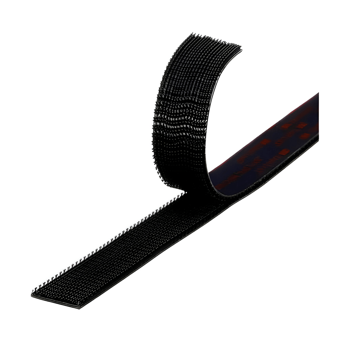 Black 3M Dual Lock strip curled over to show the mushroom-head stems and adhesive backing