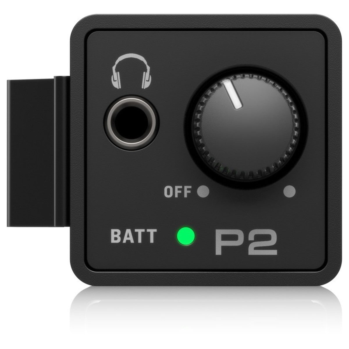 Top panel of the Behringer P2: 3.5mm headphone socket, level/off knob and green battery LED
