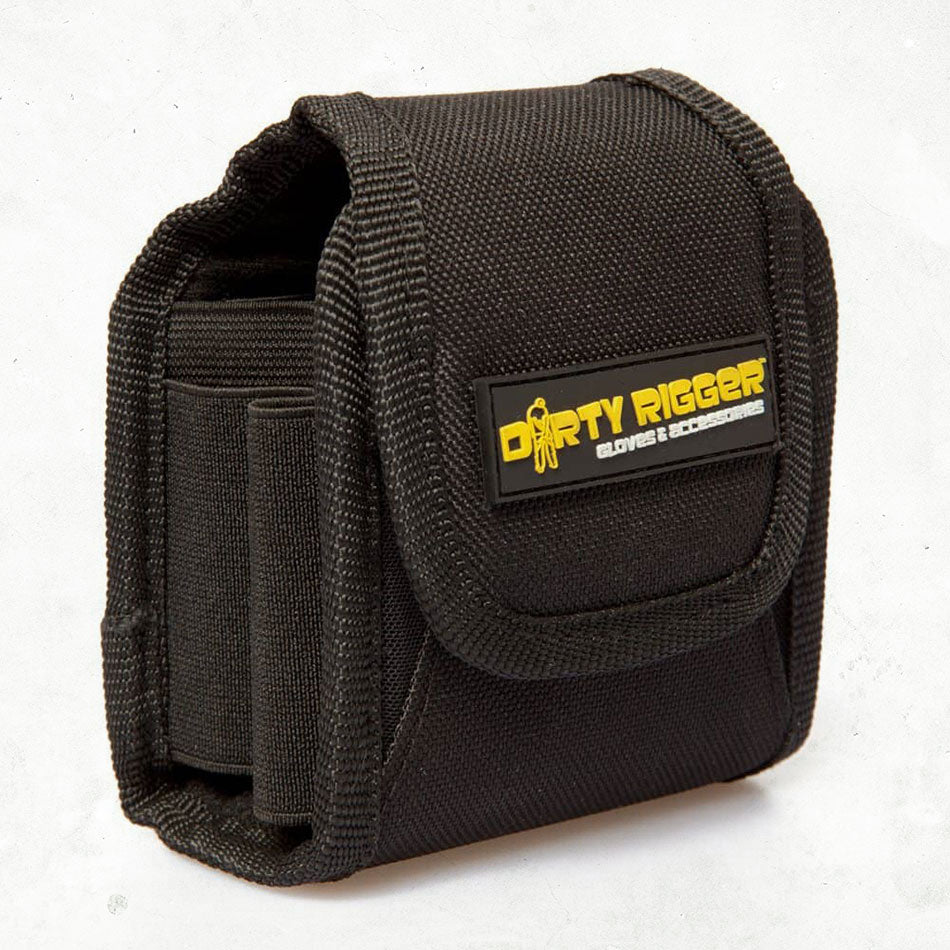 Dirty Rigger Compact Utility Pouch closed, black fabric with magnetic flap, logo badge and side screwdriver pockets