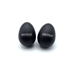 Two black Danmar egg shakers side by side, each printed with the white Danmar logo