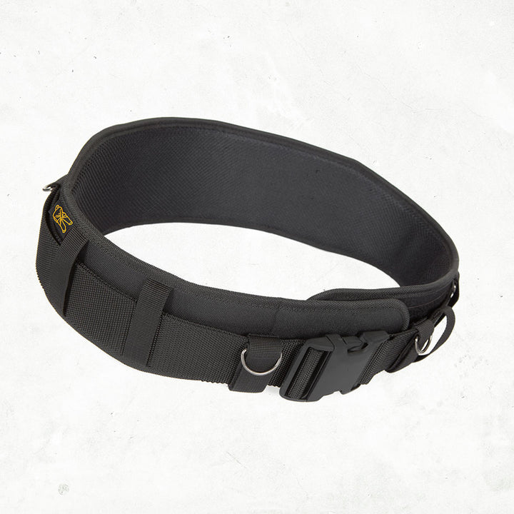 Dirty Rigger Padded Utility Belt in black, showing the wide padded back, D-rings and quick-release buckle