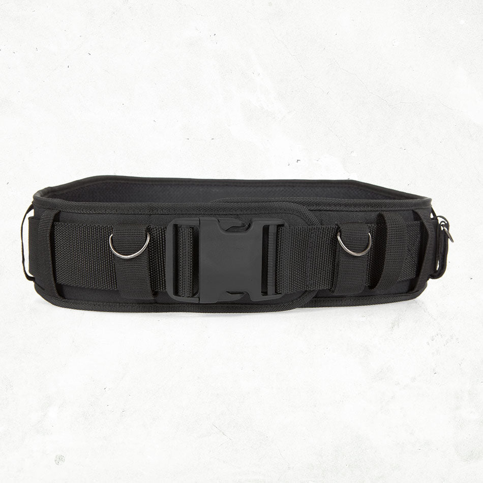 Front view of the Padded Utility Belt with its quick-release buckle and two of the four D-rings