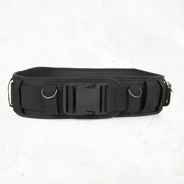 Front view of the Padded Utility Belt with its quick-release buckle and two of the four D-rings