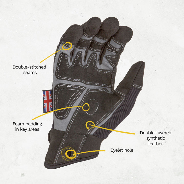 Palm of the Comfort Fit glove showing double-layered synthetic leather, foam padding, double stitching and eyelet