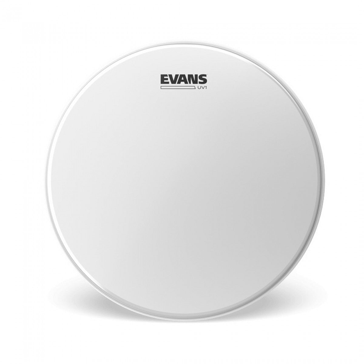 Evans UV1 15 inch coated tom drum head, white coated surface with the Evans UV1 logo, front view