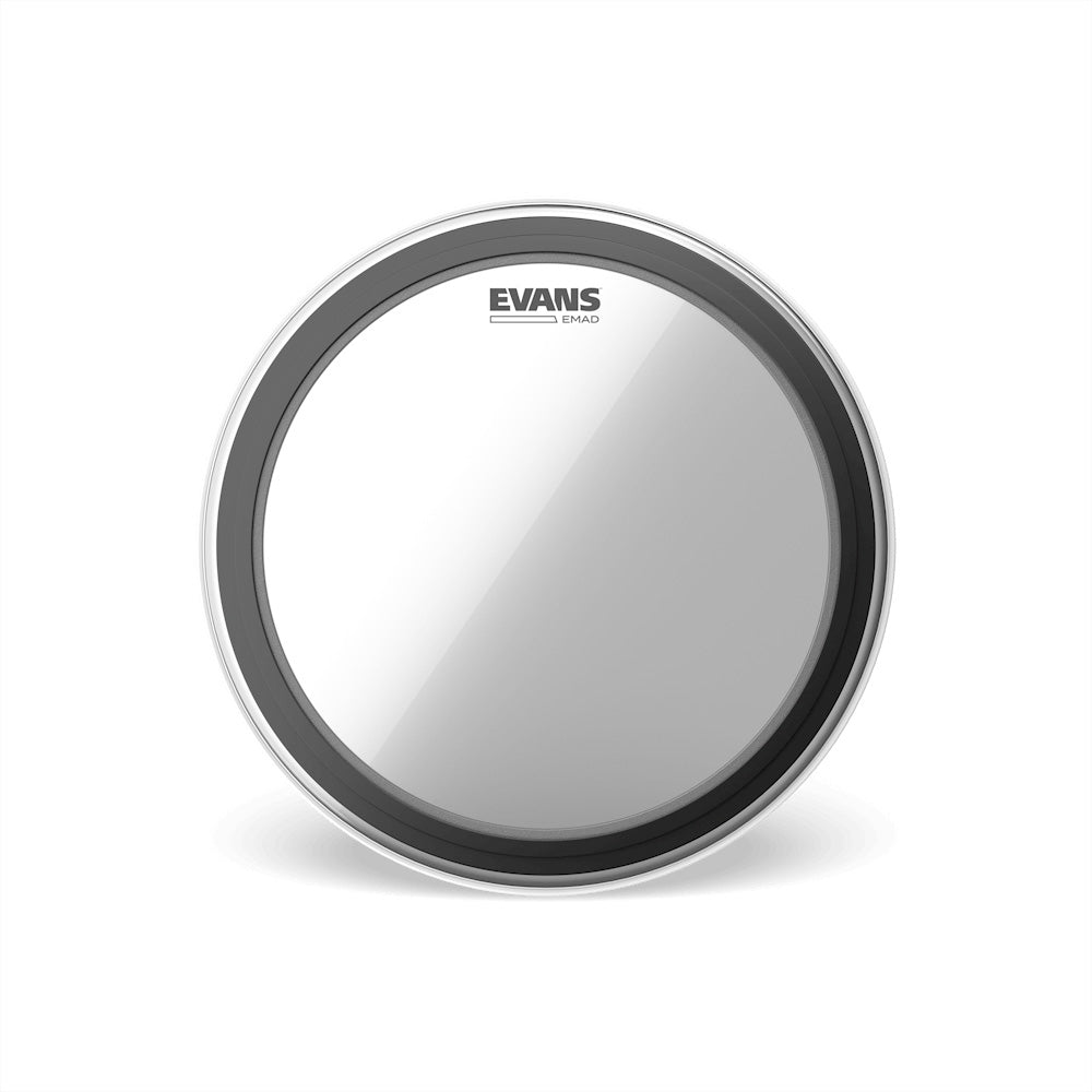 Evans EMAD Clear 24 inch bass drum head, front view showing the Evans EMAD logo and dark outer damping ring