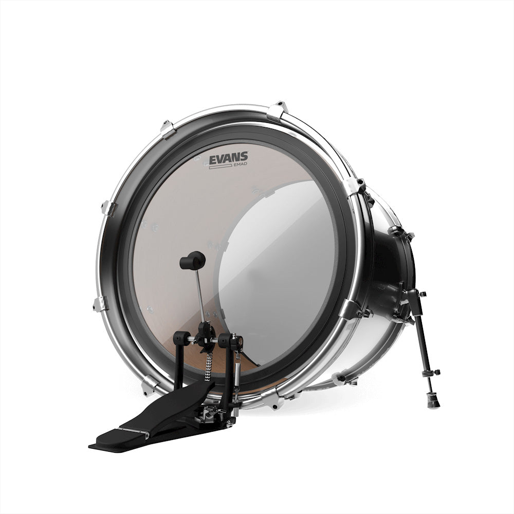 Evans EMAD Clear batter fitted to a bass drum, with a single kick pedal and beater set against the head