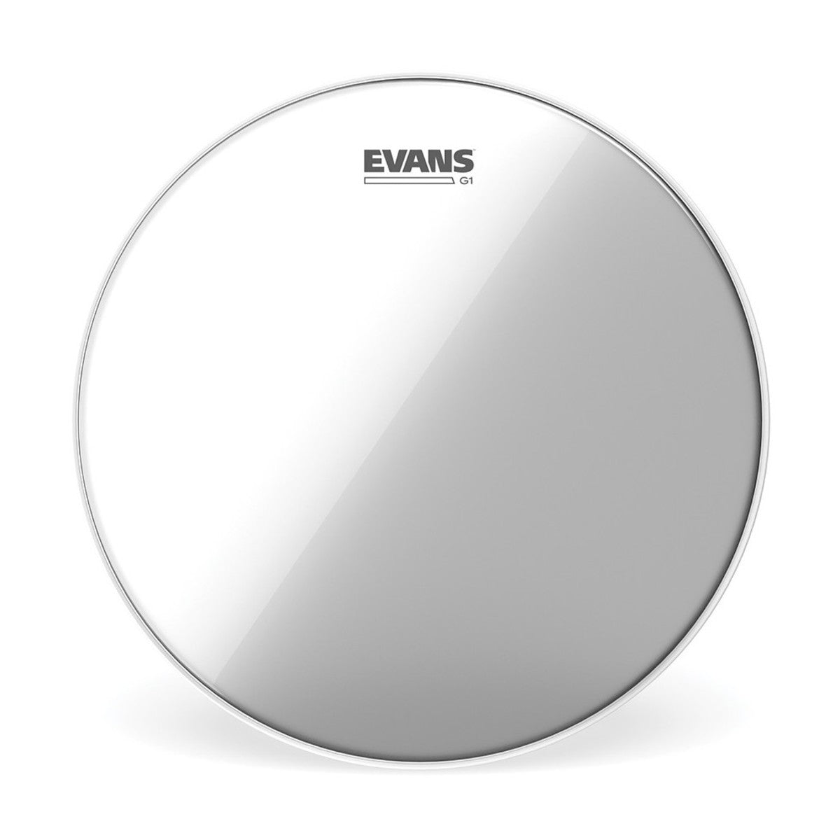Evans G1 Clear 8 inch drum head, straight-on view of the transparent single-ply film and Evans G1 logo
