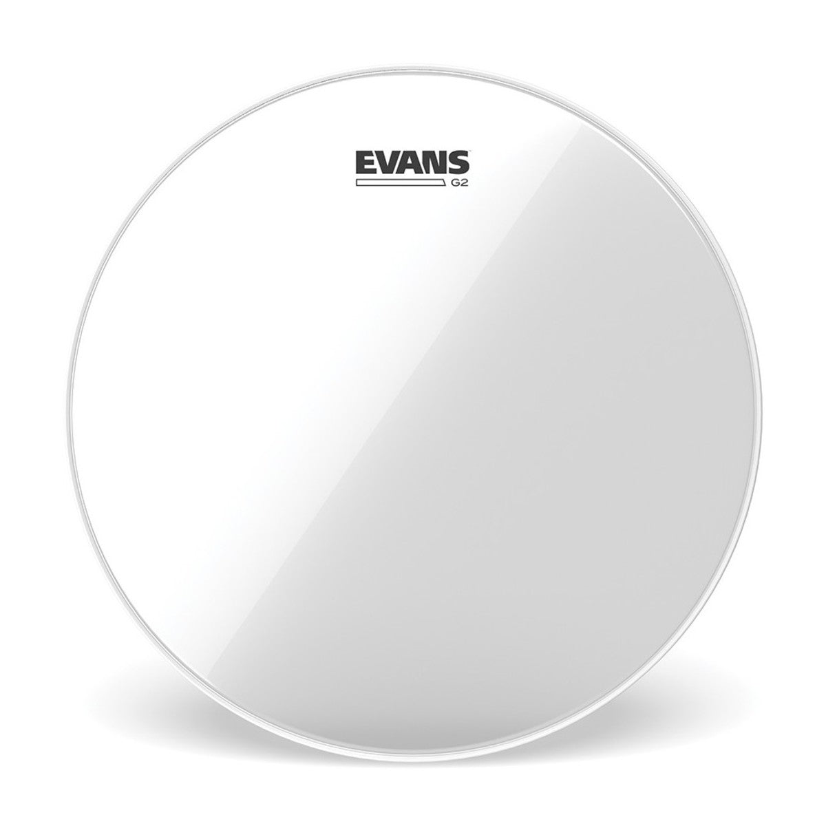 Evans G2 Clear 10 inch tom batter, front view of the two-ply clear film with the Evans G2 logo