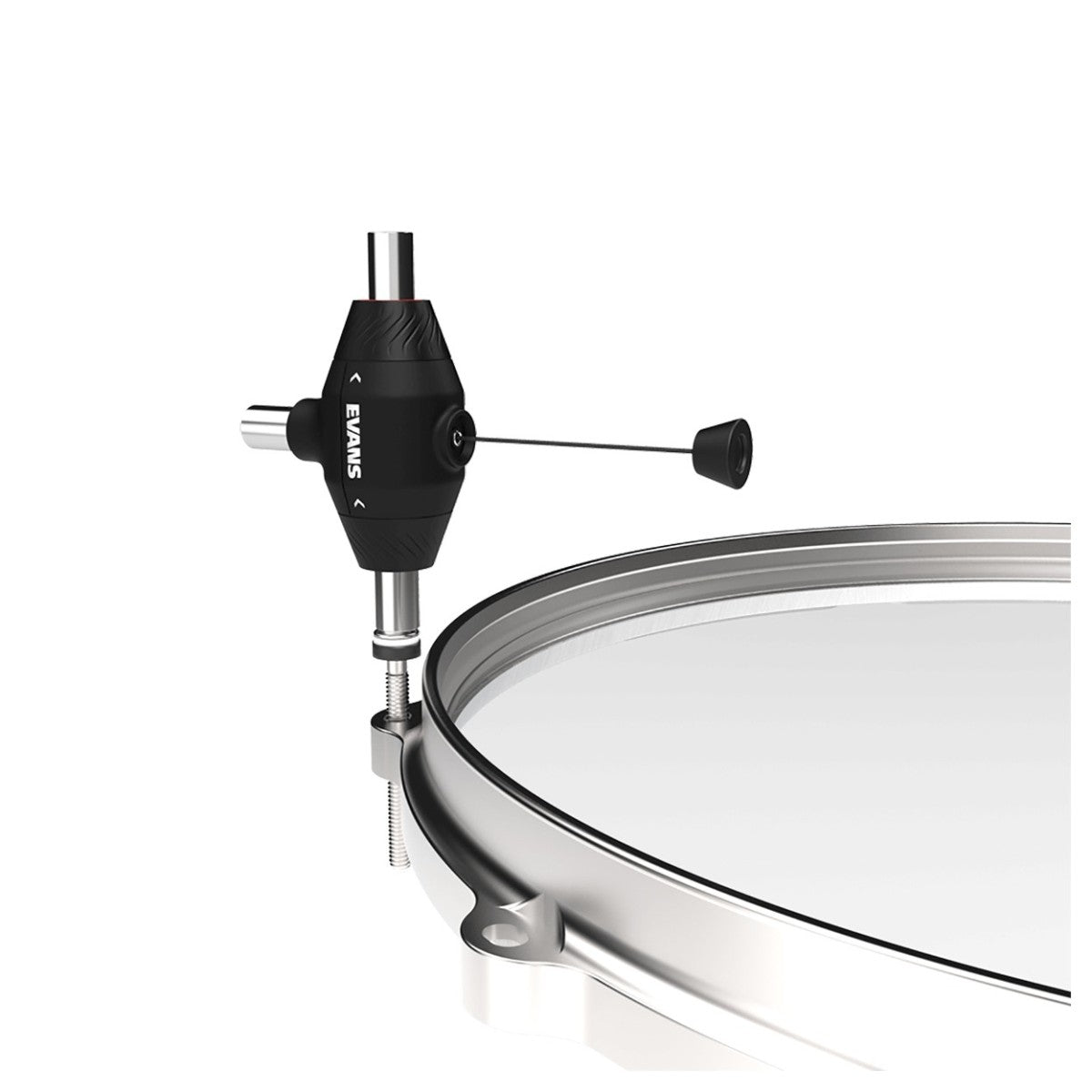 Evans Pull Cord Drum Key on a snare drum tension rod, with the pull cord drawn out to its handle