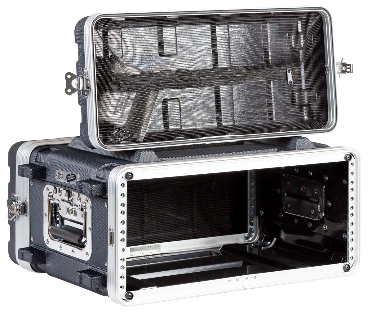 Proel FOABSR4UM with a lid open, showing the zipped mesh pocket and rack rails