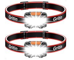 Two Gritin COB LED head torches switched on, mounted on black elastic headbands with red edging and Gritin branding