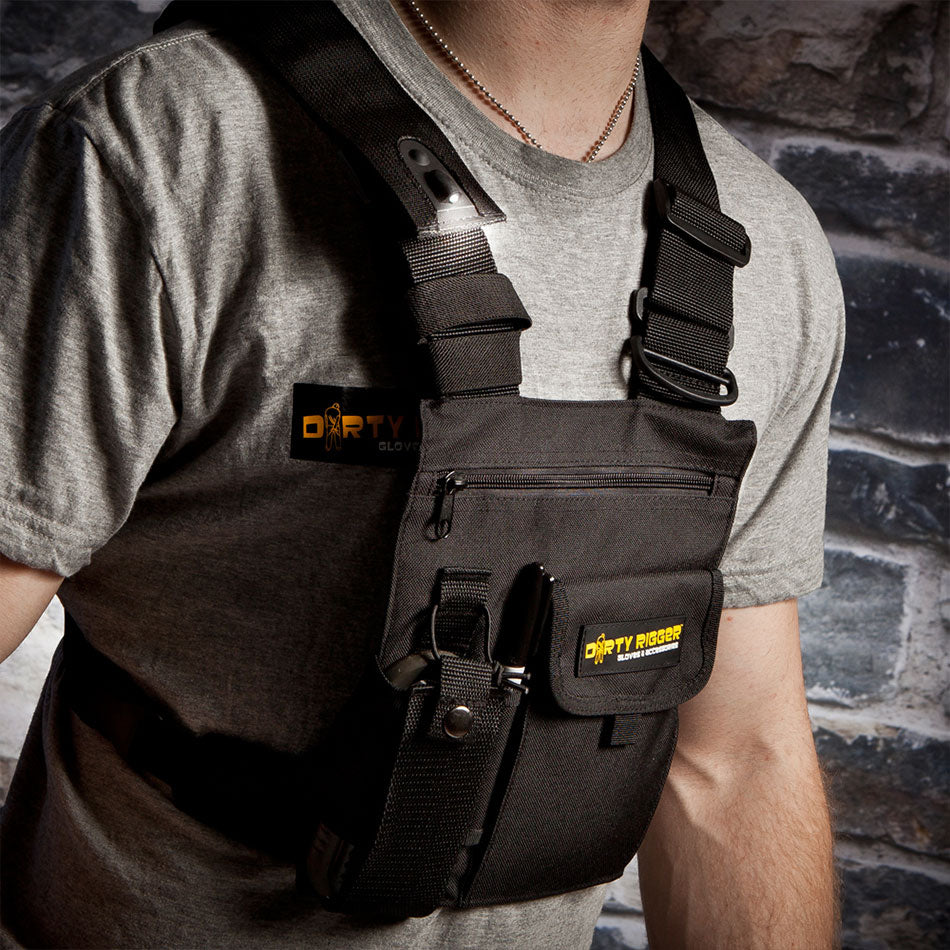 LED Chest Rig worn over a grey T-shirt with the shoulder-mounted LED switched on