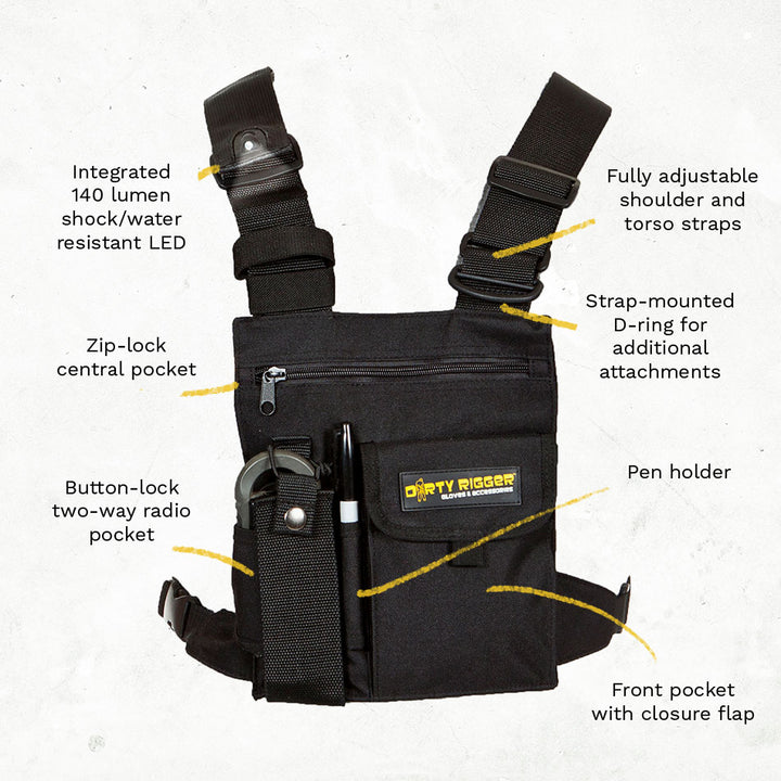 Dirty Rigger LED Chest Rig with callouts for the 140 lumen LED, zip pocket, radio pocket, pen holder and D-ring