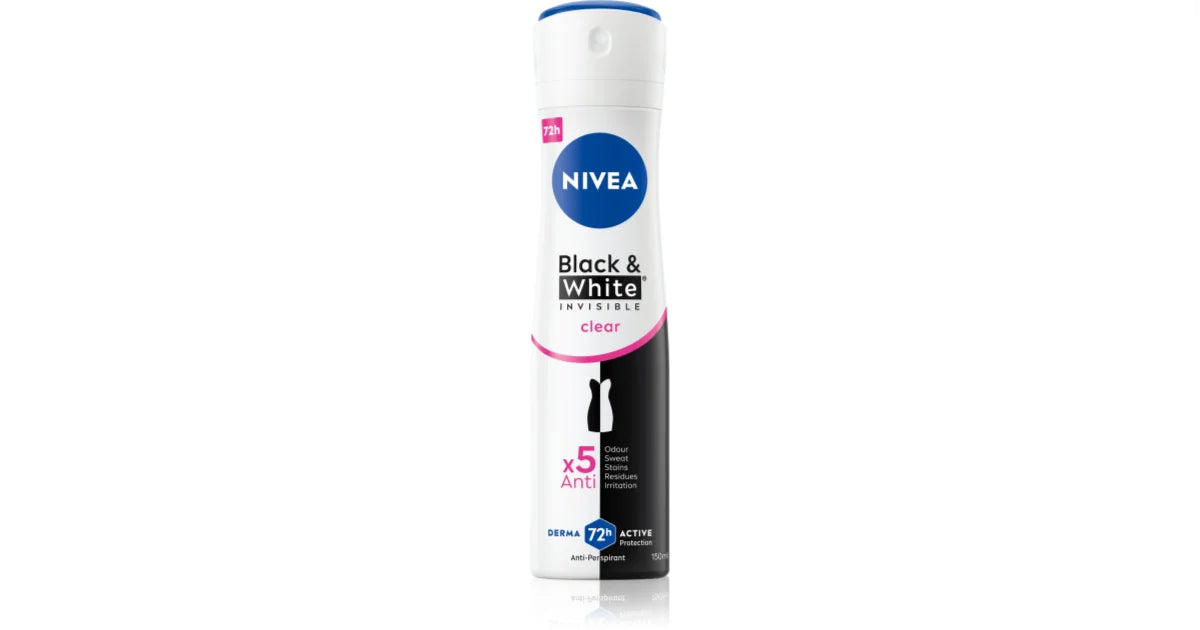 NIVEA Black & White Invisible Clear anti-perspirant spray, 150ml white can with pink accent and 72h badge