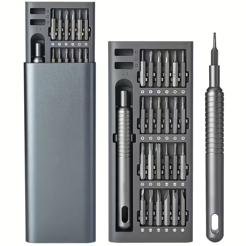 Precision screwdriver kit three ways: closed grey aluminium sleeve, open tray of 24 bits, handle with a bit fitted