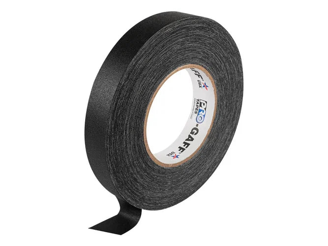Black Pro-Gaff 24mm gaffer tape roll with the end unrolled, showing the matt cloth and Pro-Gaff USA core