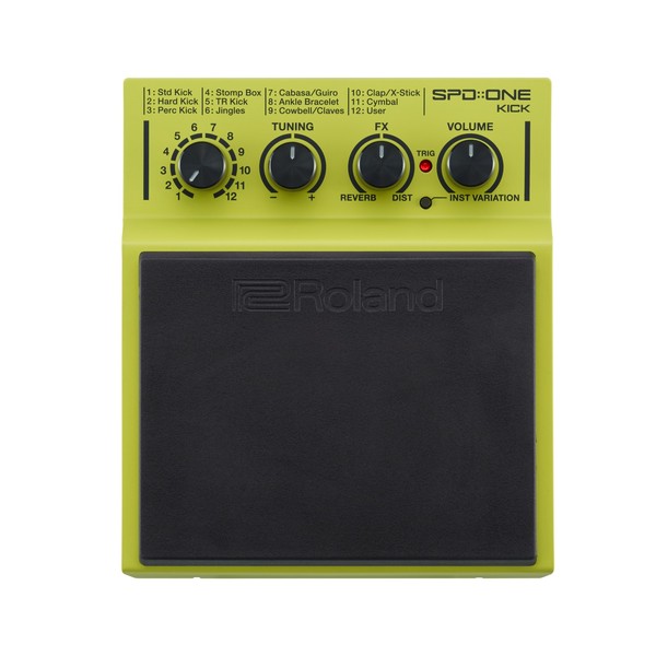 Roland SPD::ONE KICK percussion pad in lime green, top view of the 12-bank sound list, four knobs and black pad