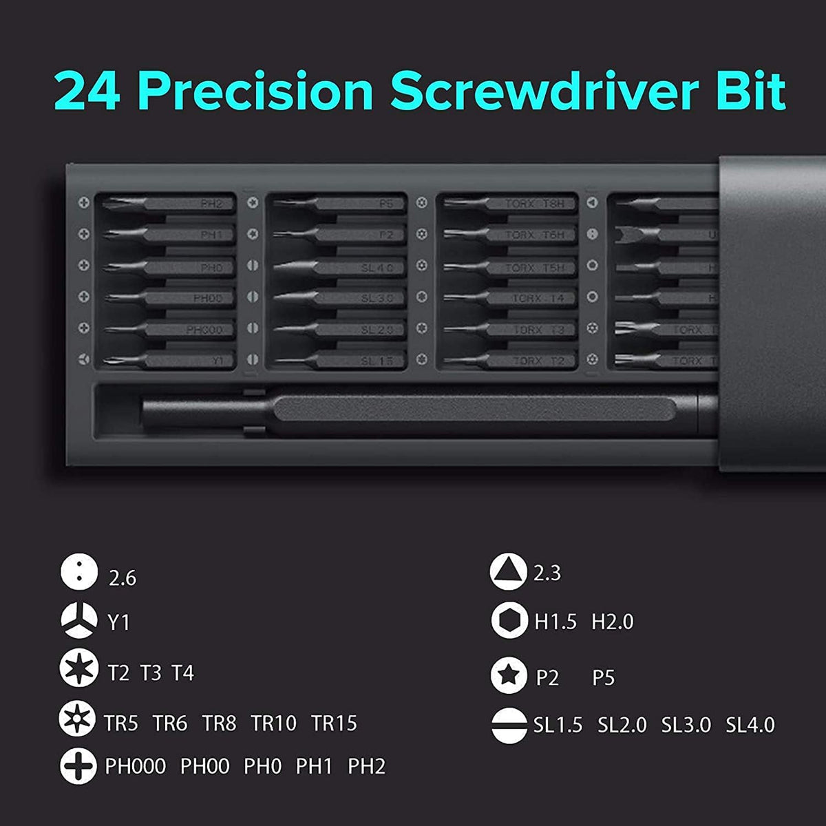 Bit chart for the 24-bit precision screwdriver kit: open grey case with handle, and Phillips, Torx, hex and pentalobe sizes