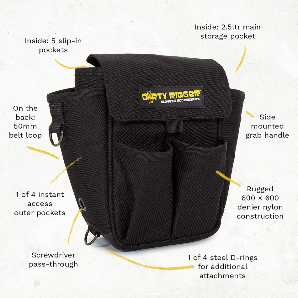 Tech Pouch 2.0 with callouts for the 2.5 litre main pocket, outer pockets, 50mm belt loop and steel D-rings