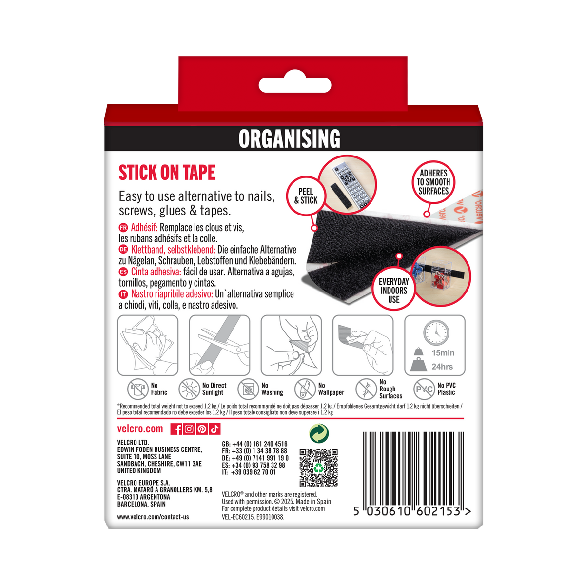 Back of the VELCRO Brand Stick On Tape 2.5m pack with usage guidance