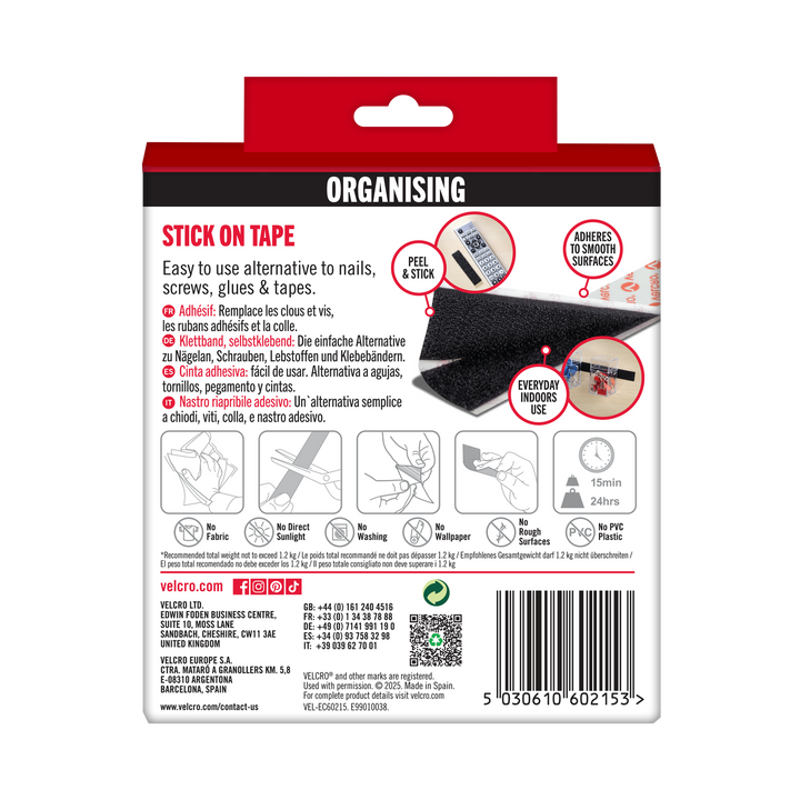 Back of the VELCRO Brand Stick On Tape 2.5m pack with usage guidance