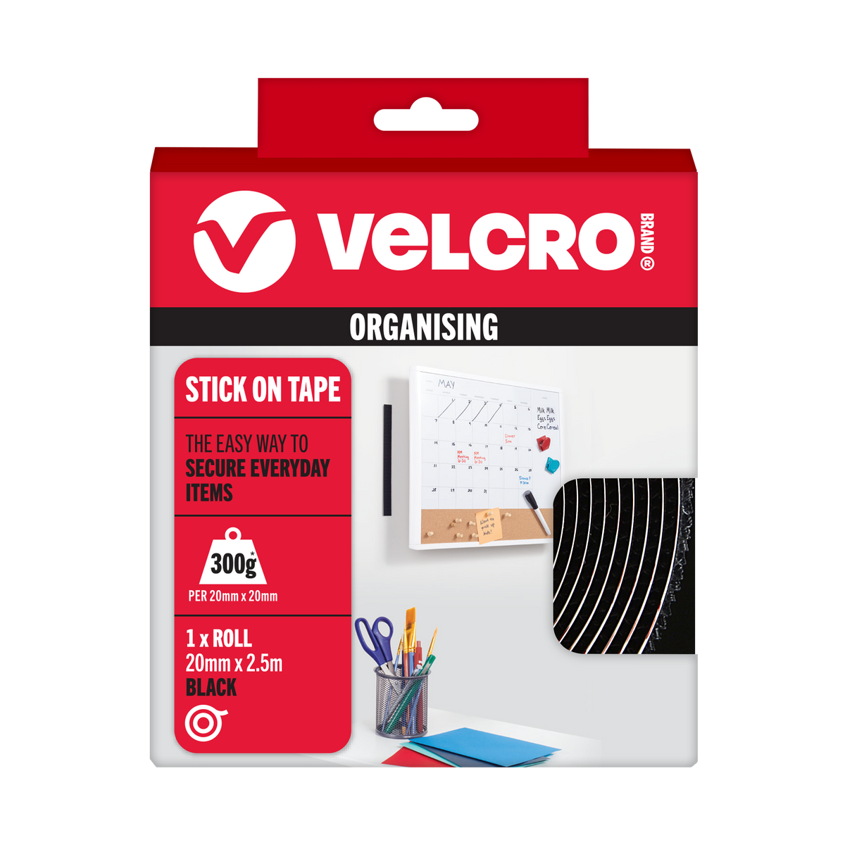 VELCRO Brand Stick On Tape pack, 20mm x 2.5m, black