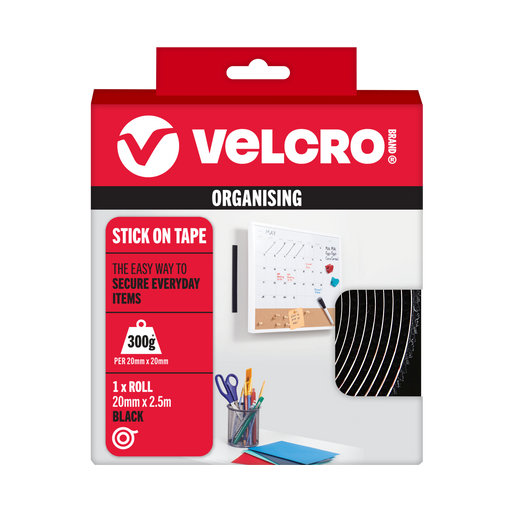 VELCRO Brand Stick On Tape pack, 20mm x 2.5m, black