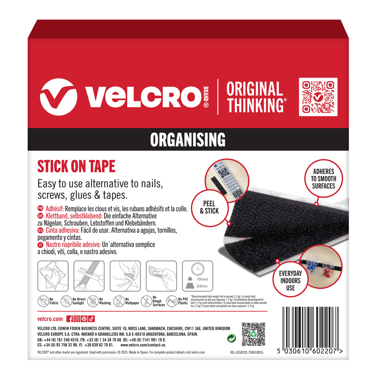 Back of the VELCRO Brand Stick On Tape 10m pack with usage guidance