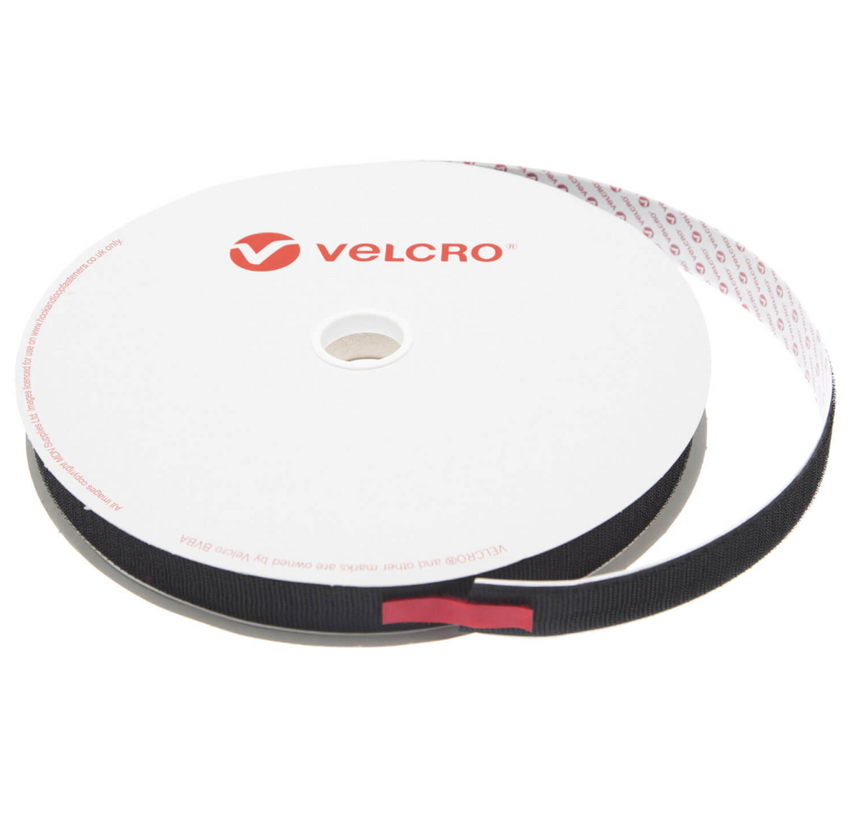 VELCRO Brand 25mm black self-adhesive hook tape on a white VELCRO reel, with its printed liner and red end tab showing