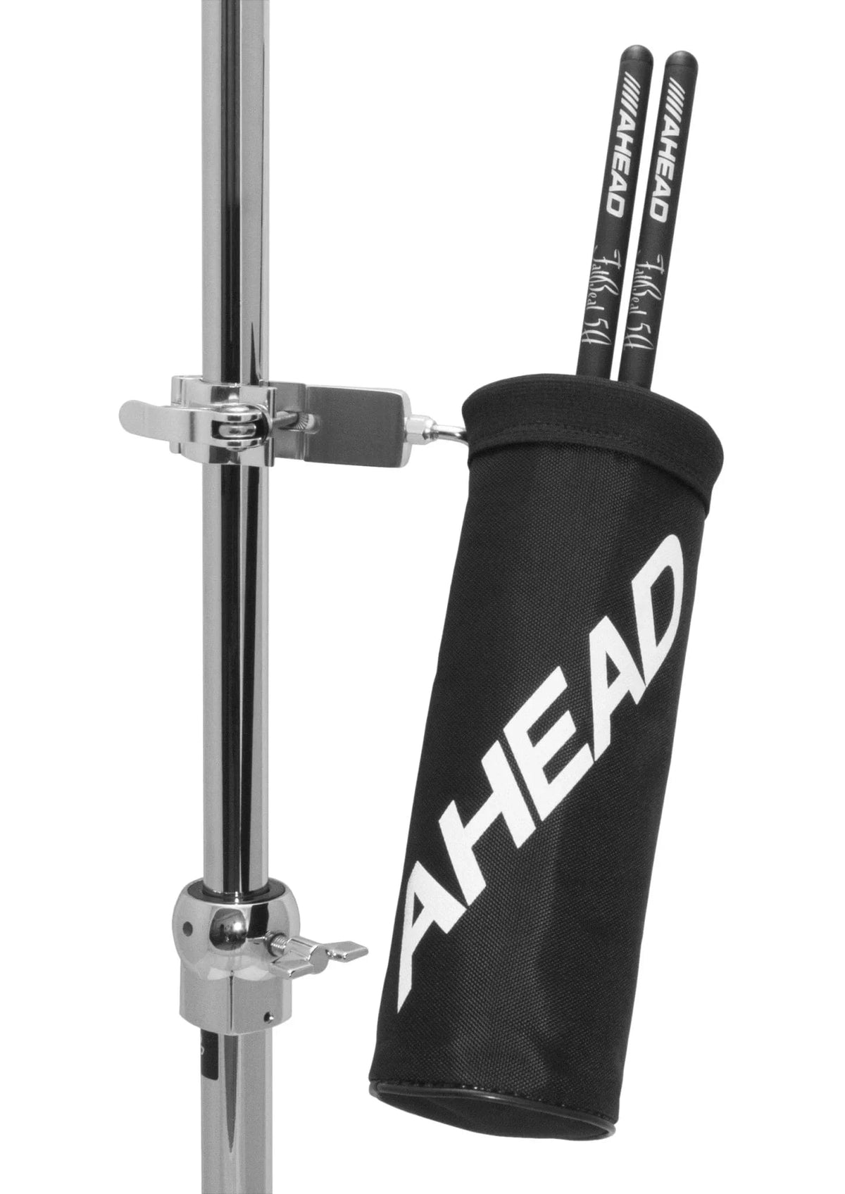 Ahead Compact Stick Holder: black nylon sack clamped to a chrome stand tube, holding a pair of Ahead sticks