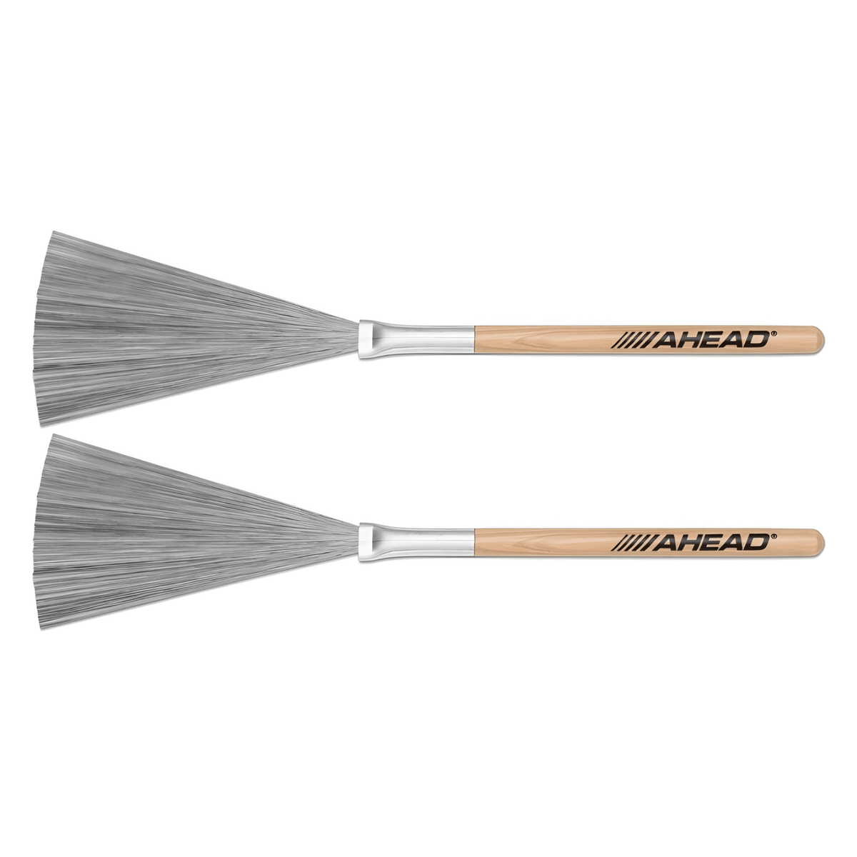 Pair of Ahead Slim Grip wire brushes: fanned steel wires, metal ferrules and natural wood handles with Ahead logo