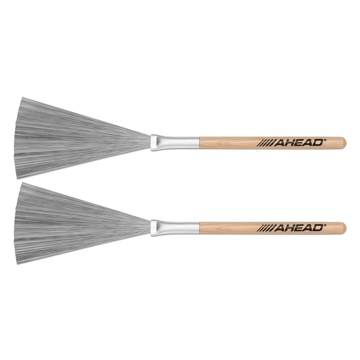 Pair of Ahead Slim Grip wire brushes: fanned steel wires, metal ferrules and natural wood handles with Ahead logo
