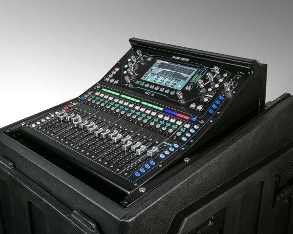 Allen & Heath SQ5 mixer sitting in an open black rack case