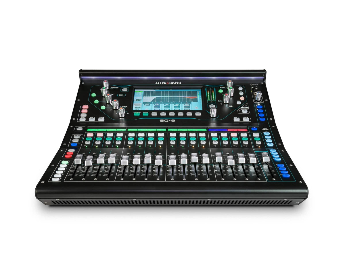 Allen & Heath SQ5 from the front, with the 7in touchscreen, motorised faders and illuminated light bar