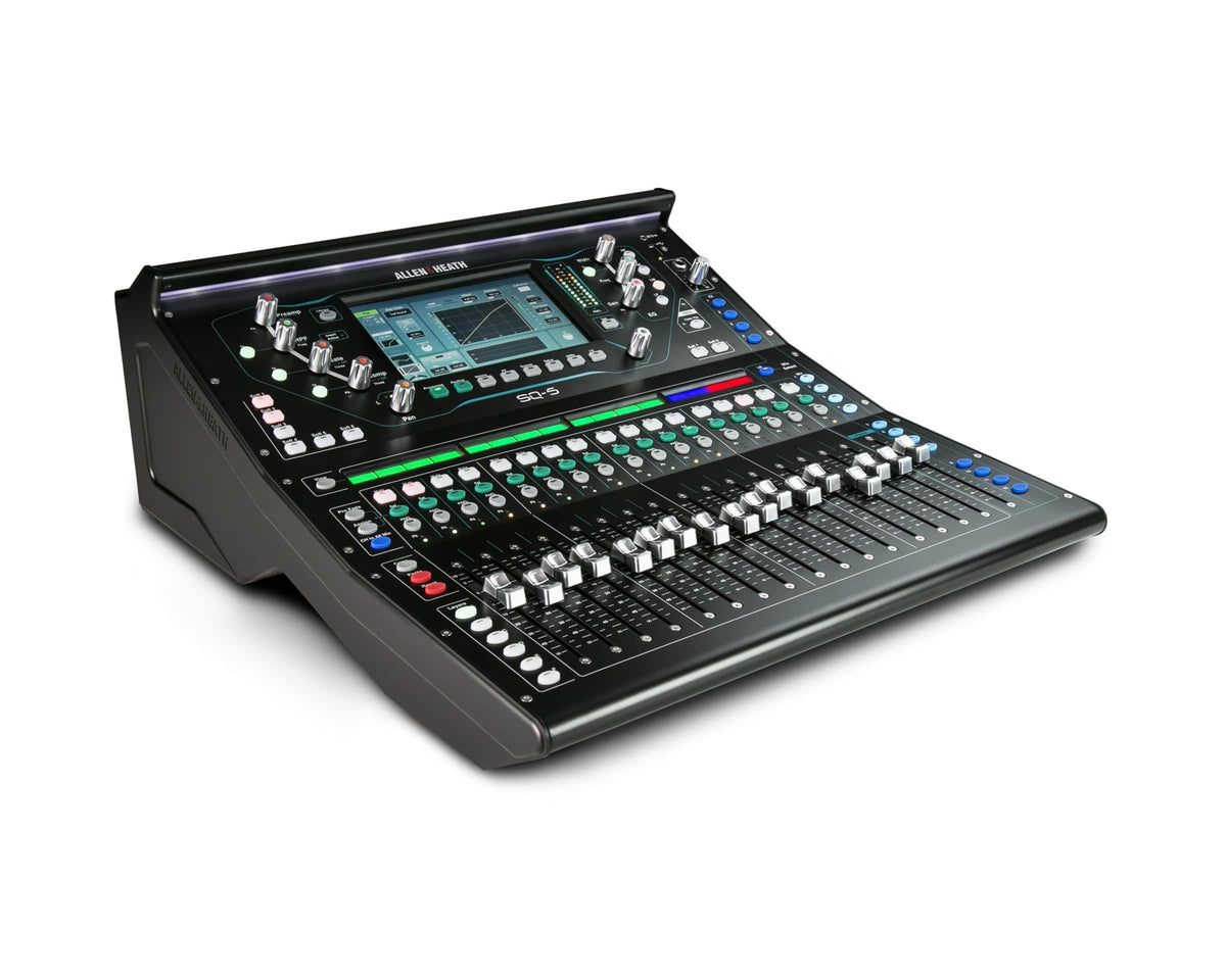 Allen & Heath SQ5 digital mixer from the front left, showing the touchscreen, rotary encoders and fader bank