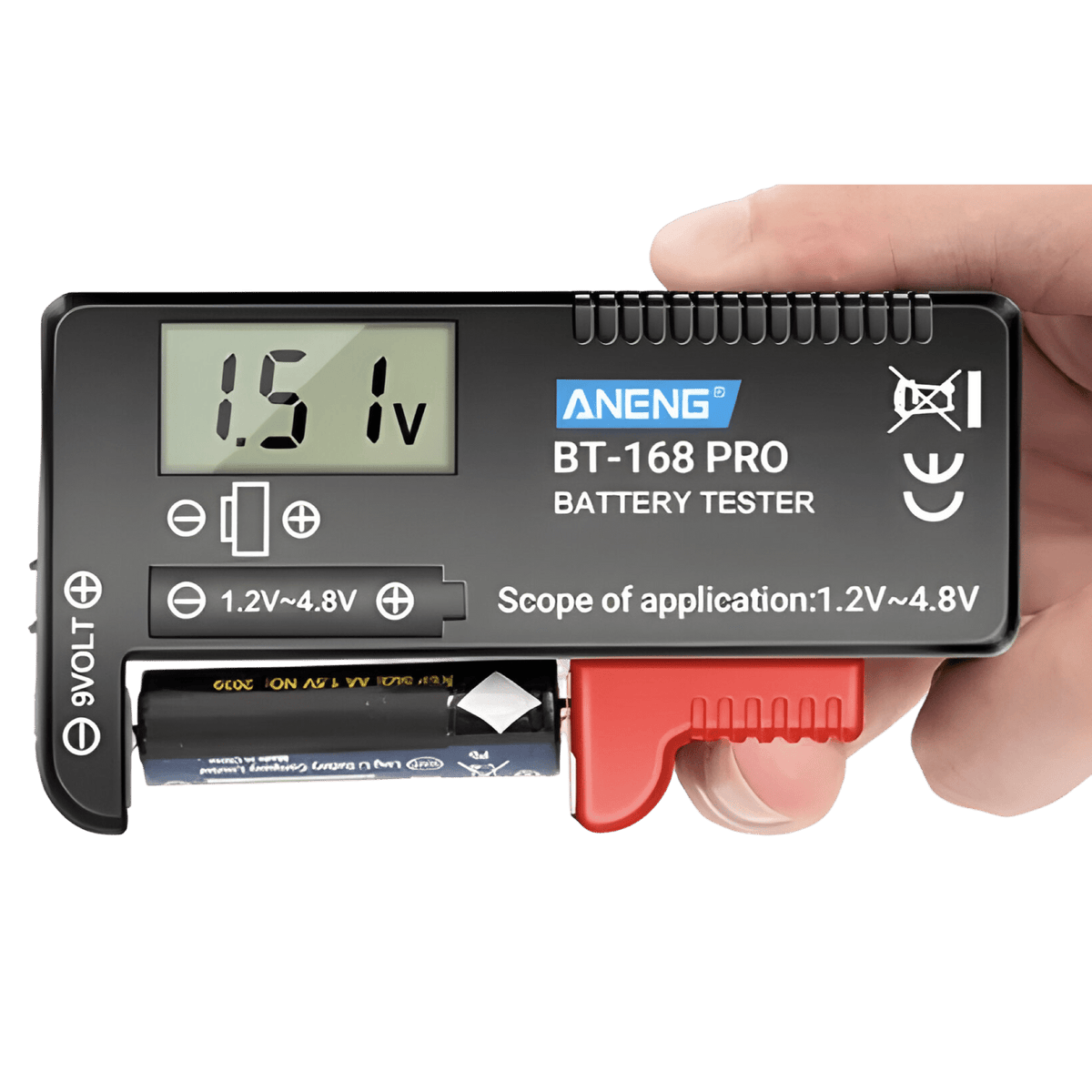 AA battery held in the ANENG BT-168 PRO's red slider, display reading 1.51V