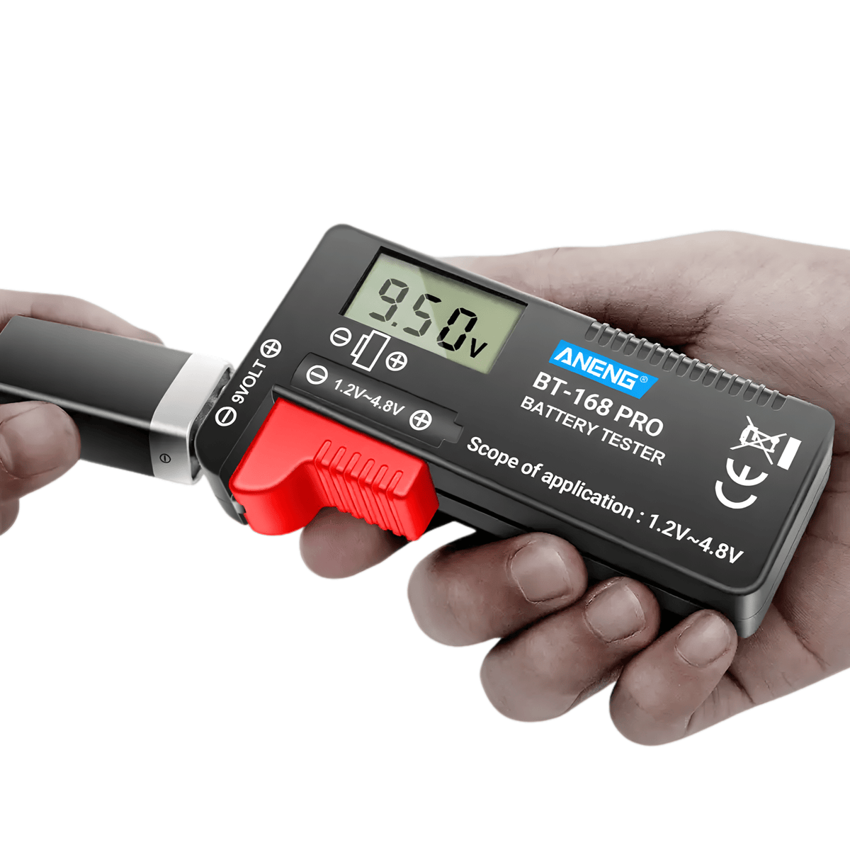 9V battery pressed onto the ANENG BT-168 PRO's top contacts by hand, display reading 9.50V