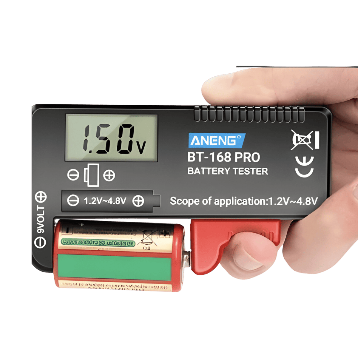 Large round battery held in the ANENG BT-168 PRO's slider, display reading 1.50V