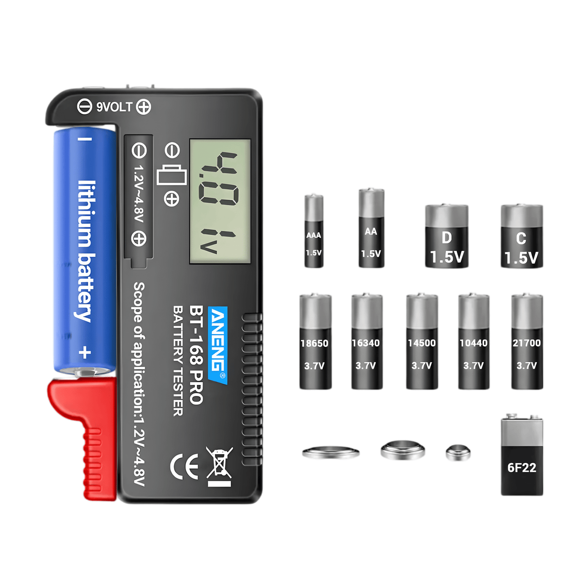 ANENG BT-168 PRO reading 4.01V on a lithium cell, beside a chart of AA, AAA, C, D, lithium-ion, button and 9V cells