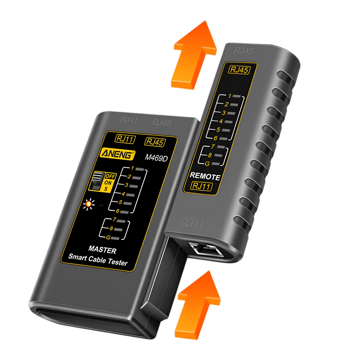 ANENG M469D remote unit sliding off the master unit, arrows showing the split design for testing installed runs