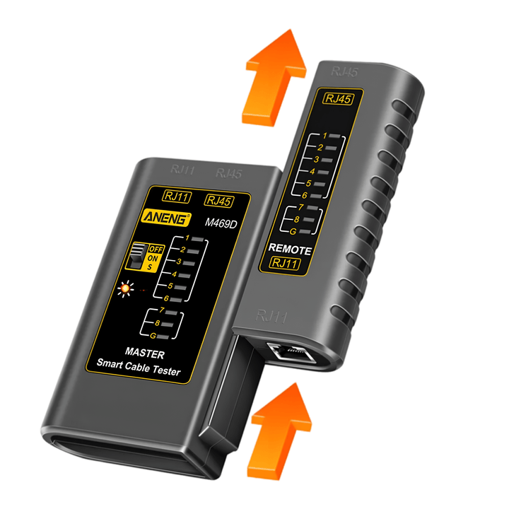 ANENG M469D remote unit sliding off the master unit, arrows showing the split design for testing installed runs