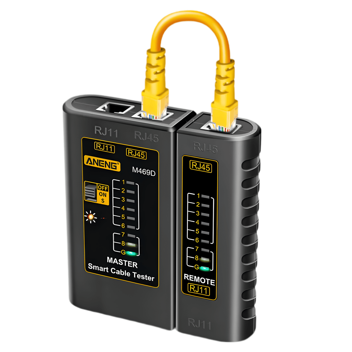 ANENG M469D master and remote units joined, yellow RJ45 patch lead plugged into both, pin 1-8 and G LEDs visible