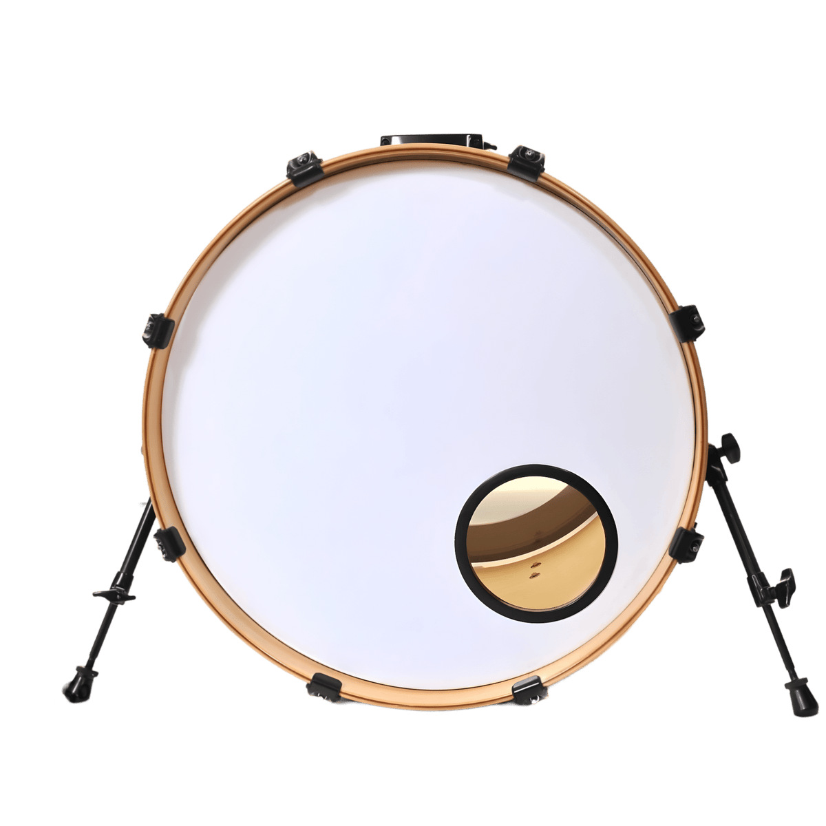White resonant head on a wood-hoop kick drum with spurs, with a black Bass Drum O's port ring fitted low right