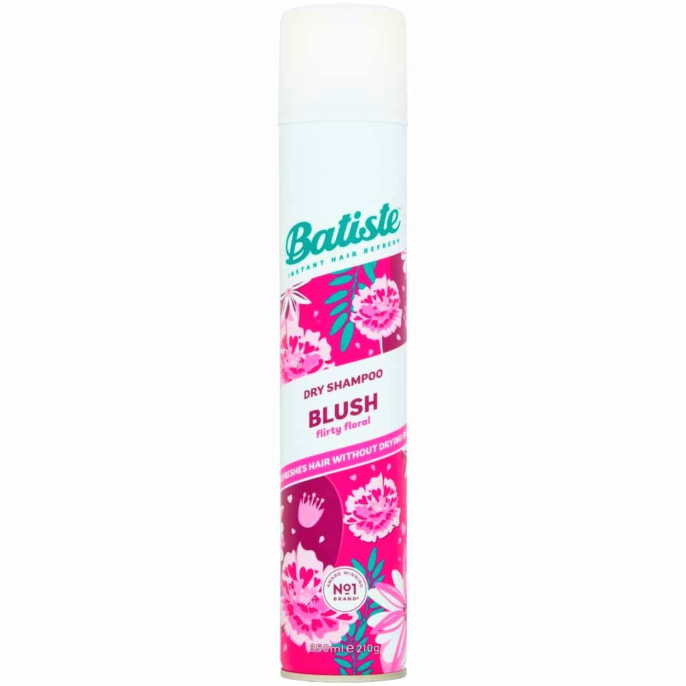 Batiste Dry Shampoo can in Blush fragrance, pink floral design with white cap and Instant Hair Refresh logo