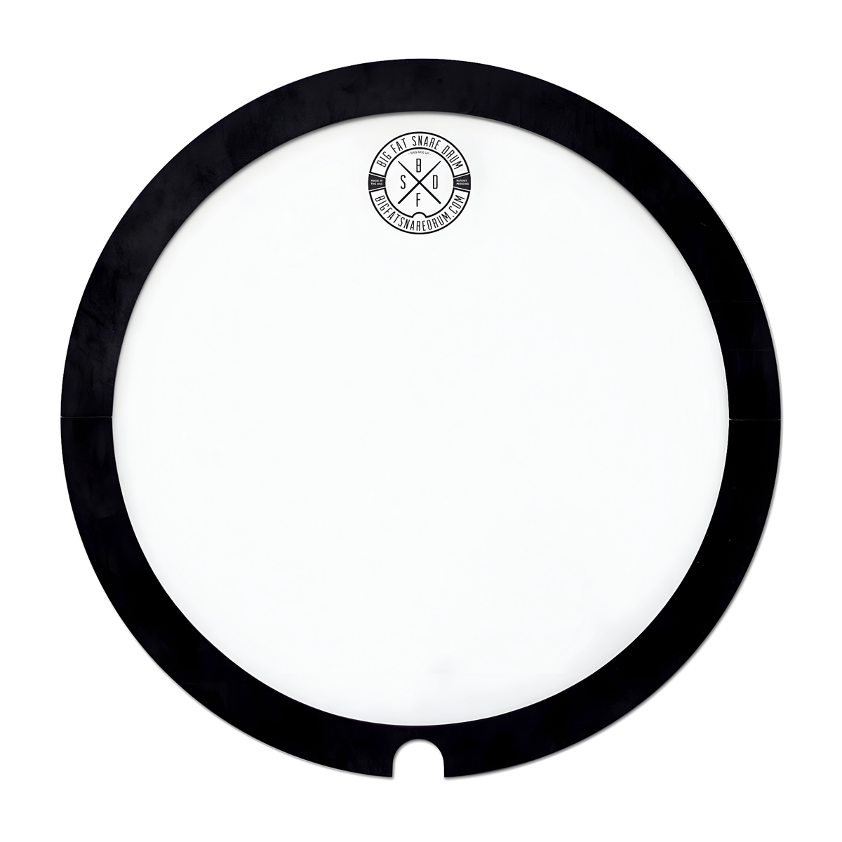 Big Fat Snare Drum The Original 14in: full-coverage white topper with black rubber gasket and thumb cut-out